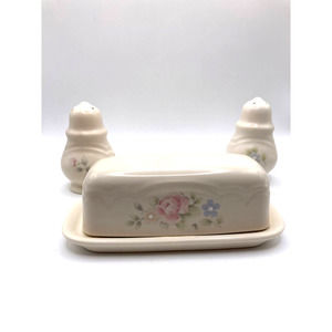 Pfaltzgraff ceramic tea rose salt and pepper shakers and covered butter dish